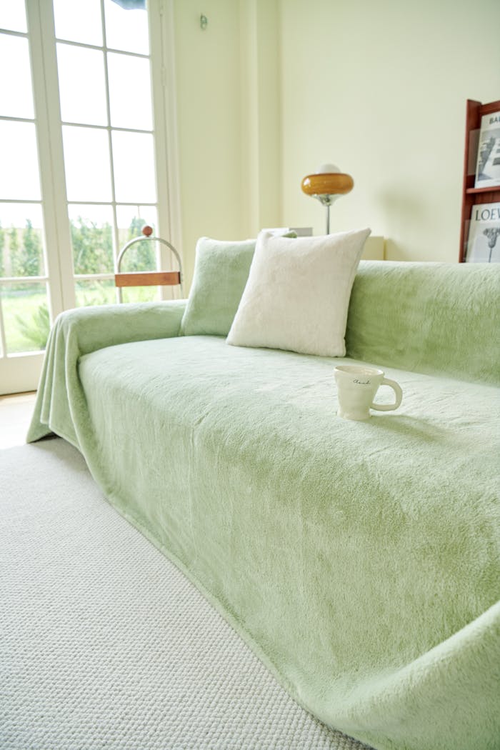 services-04 A mint green couch cover with a white pillow in a sunlit living room, creating a peaceful vibe.